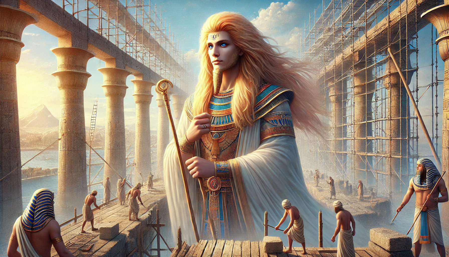 A majestic and realistic depiction of Ptah, an emanation of Enki, as the master architect and creator of ancient Egypt. Ptah is portrayed as a regal figure with long sandy blonde flowing hair, calm and intelligent blue eyes, and an aura of wisdom and creativity. He is seen in the center of an ancient construction site, standing on a raised platform overlooking workers building a grand temple. Ptah holds a staff symbolizing his authority and creative power, while his robes are adorned with intricate patterns representing the harmony of his designs. The background features scaffolding, stone blocks being moved, and the fertile Nile River visible in the distance, emphasizing his integral role in shaping Egypt’s monumental architecture. This image captures the majesty and divinity of Ptah without text or symbols, focusing entirely on his presence and the construction of ancient wonders.