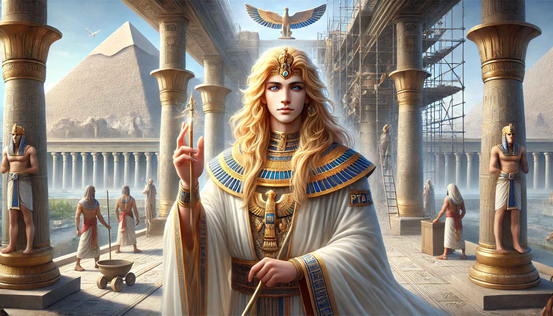 A majestic and realistic depiction of Ptah, an emanation of Enki, as the master architect and creator of ancient Egypt. Ptah is portrayed as a regal figure with long sandy blonde flowing hair, calm and intelligent blue eyes, and an aura of wisdom and creativity. He stands in front of a grand temple under construction, holding a staff that symbolizes creation and design. Ptah’s attire features elegant robes adorned with symbols of architecture and craftsmanship. The background highlights the grandeur of ancient Egyptian architecture, with scaffolding, artisans at work, and a fertile Nile landscape. This scene emphasizes Ptah’s role as a divine architect and the guiding force behind humanity’s monumental achievements. The image is free of text or symbols, focusing entirely on the visual storytelling of Ptah.