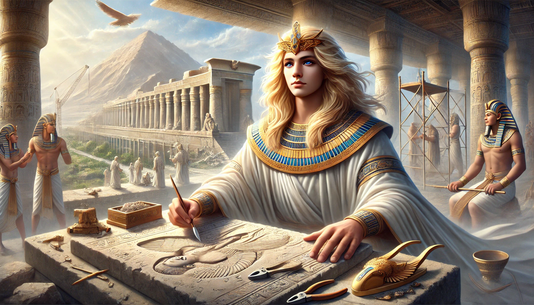 A majestic and realistic depiction of Ptah, an emanation of Enki, as the master architect and creator of ancient Egypt. Ptah is portrayed as a regal figure with long sandy blonde flowing hair, calm and intelligent blue eyes, and an aura of wisdom and creativity. He is seen carving intricate designs into a large stone slab, surrounded by tools of craftsmanship, symbolizing his hands-on role in creation. Ptah’s attire features elegant robes adorned with symbols of architecture and craftsmanship. The background highlights the construction of a grand temple with scaffolding, workers, and a fertile Nile landscape. This scene emphasizes Ptah’s role as a divine architect and craftsman, guiding humanity’s monumental achievements. The image is free of text or symbols, focusing entirely on the visual storytelling of Ptah.